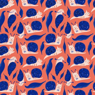 Vektörsüz desen tasarımı. Beyaz arka planda izole edilmiş sevimli ve komik salyangoz kedileri. Şapkalı ve gözlüklü moda hayvanlar. Yaratıcı çocuksu pembe doku. Kumaş ve tekstil için harika..