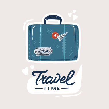 Tırnak içinde yurtdışına seyahat etmek için güzel bir bavul, yaz tatili gezisi, yürüyüş ve sırt çantalarında beyaz arka planda izole edilmiş dekoratif tasarım unsurları. El çizimi renkli vektör çizimi.