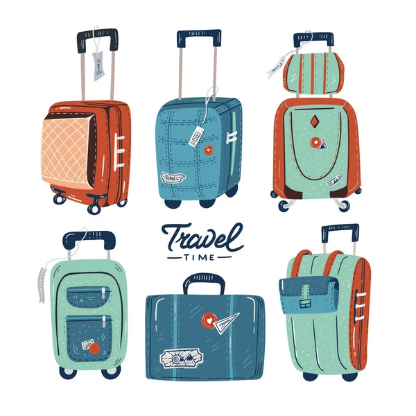 采购产品手提箱 国外旅行 暑假旅行 远足和背包装饰设计元素隔离的白色背景 平面漫画彩色矢量插图 — 图库矢量图片