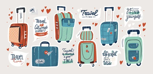 采购产品手提箱 国外旅行 暑假旅行 远足和背包装饰设计元素隔离的白色背景 平面漫画彩色矢量插图 — 图库矢量图片