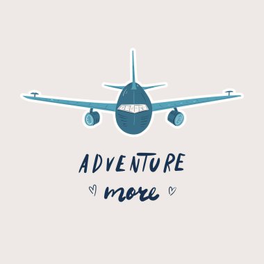 Uçak. Macera turizmi, yurt dışına seyahat, yaz tatili gezisi, yürüyüş ve sırt çantası dekoratif unsurları beyaz arka planda izole edilmiş. Düz çizgi film renkli vektör çizimi.