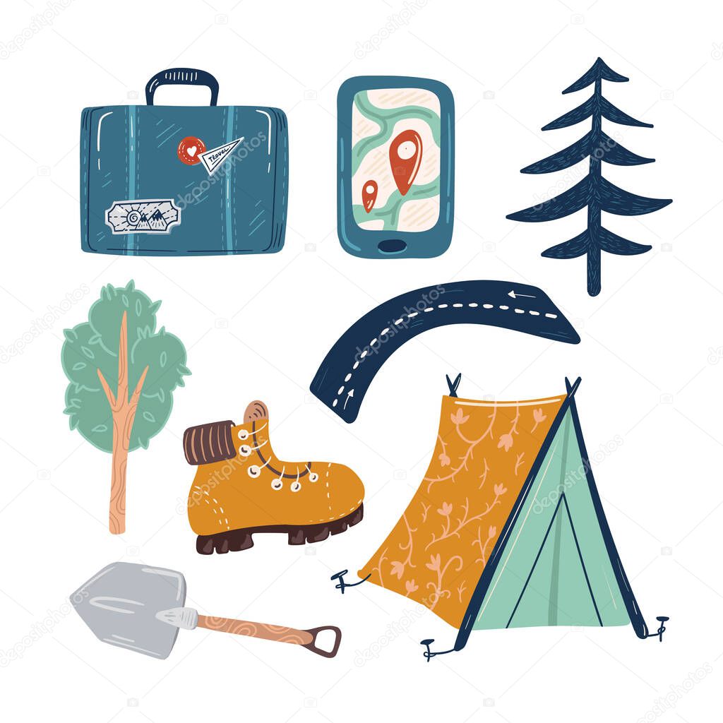 Collection of adventure tourism, travel abroad, summer vacation trip, hiking and backpacking decorative design elements isolated on white background. Flat cartoon colorful vector illustration.