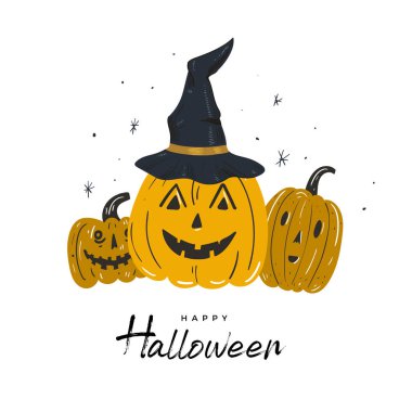 Balkabağım, cadı şapkası. Cadılar Bayramı takımı. El Çizimi Çizimi Karikatür. Vektör çizimi. Sosyal medya paylaşımı. Tebrik kartı, etiket, parti daveti için tasarım.