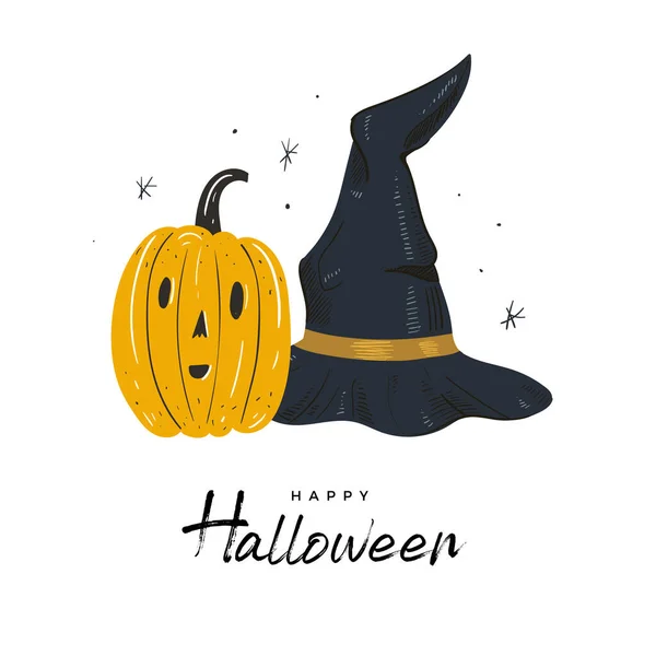 Kürbis Hexenhut Halloween Set Vorhanden Handgezeichnete Cartoon Doodles Vektorillustration Postings — Stockvektor