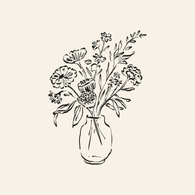 Botanik çizimi. Minimum bitki logosu, botanik çizim çizimi, çayır yeşilliği, yaprak ve çiçek açan soyut çizim elemanları koleksiyonu, köy dalı. Moda küçük dövme tasarımı, çiçek elementleri vektör illüstrasyonu