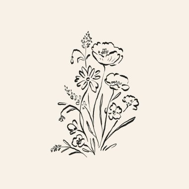 Botanik çizimi. Minimum bitki logosu, botanik çizim çizimi, çayır yeşilliği, yaprak ve çiçek açan soyut çizim elemanları koleksiyonu, köy dalı. Moda küçük dövme tasarımı, çiçek elementleri vektör illüstrasyonu