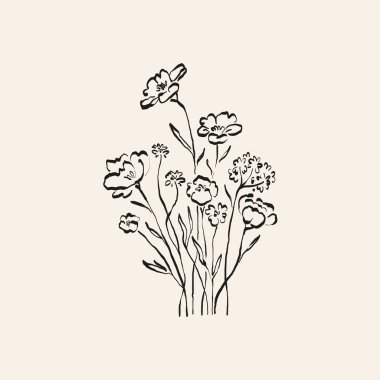 Botanik çizimi. Minimum bitki logosu, botanik çizim çizimi, çayır yeşilliği, yaprak ve çiçek açan soyut çizim elemanları koleksiyonu, köy dalı. Moda küçük dövme tasarımı, çiçek elementleri vektör illüstrasyonu