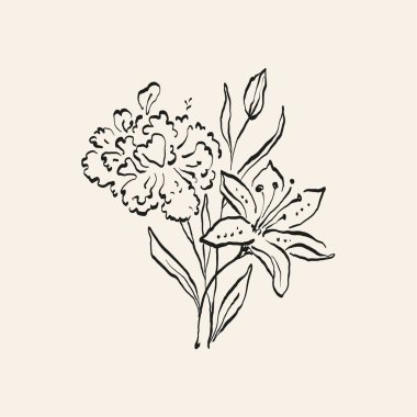 Botanik çizimi. Minimum bitki logosu, botanik çizim çizimi, çayır yeşilliği, yaprak ve çiçek açan soyut çizim elemanları koleksiyonu, köy dalı. Moda küçük dövme tasarımı, çiçek elementleri vektör illüstrasyonu