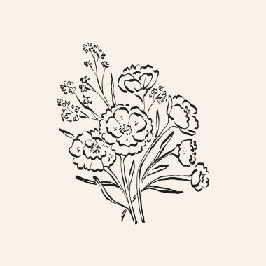 Botanik çizimi. Minimum bitki logosu, botanik çizim çizimi, çayır yeşilliği, yaprak ve çiçek açan soyut çizim elemanları koleksiyonu, köy dalı. Moda küçük dövme tasarımı, çiçek elementleri vektör illüstrasyonu