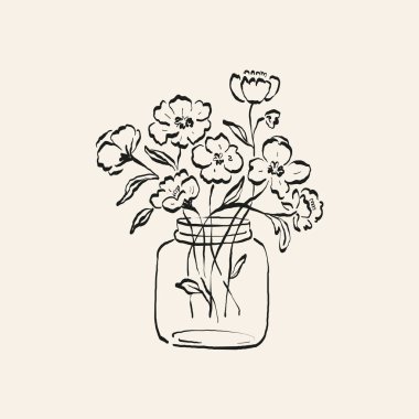 Botanik çizimi. Minimum bitki logosu, botanik çizim çizimi, çayır yeşilliği, yaprak ve çiçek açan soyut çizim elemanları koleksiyonu, köy dalı. Moda küçük dövme tasarımı, çiçek elementleri vektör illüstrasyonu