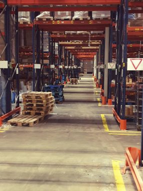 Bir sürü palet stok, depo paletleri, mavi ahşap paletler