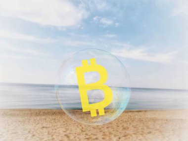 Bir baloncukta kripto para birimi bitcoin, bir sabun köpüğünde para işareti, denizdeki para birimi sembolü kabarcığı patladı