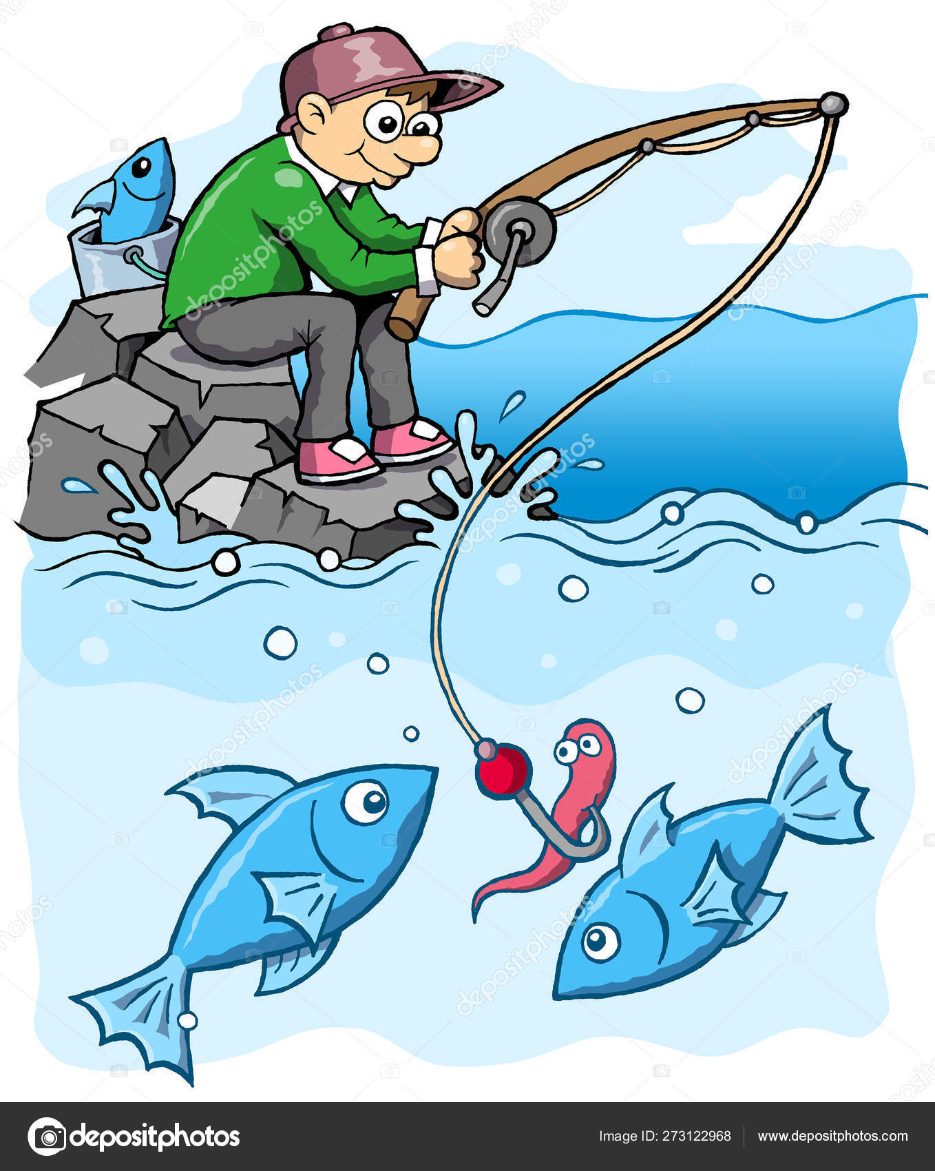 Fisherman Hunting Fishing Sea Water Fish Cartoon Illustration Style