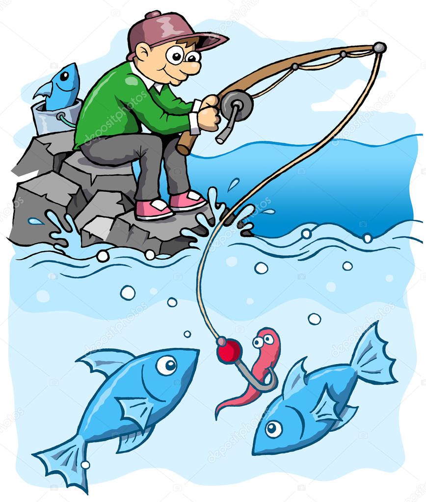 fisherman hunting fishing on sea water fish cartoon illustration style hook