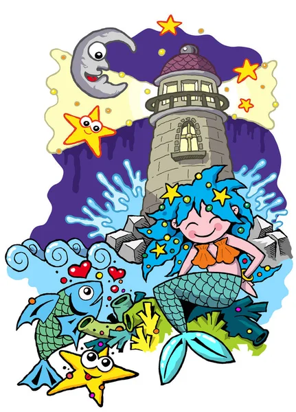 Lovely cute mermaid scene with lighthouse fish starfish moon and stars on sea funny cartoon character for fairy story books