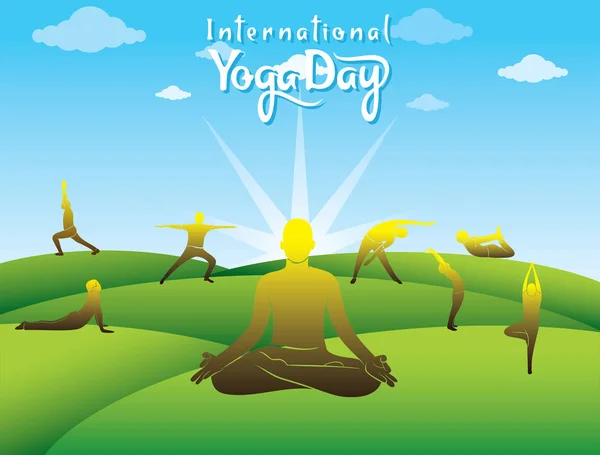 Creative Poster Design International Yoga Day Different Yoga Poses — Stock Vector