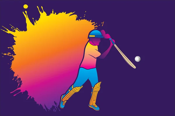 Abstract Cricket Player Hitting Ball Color Splash Spot Background Write — Stock Vector