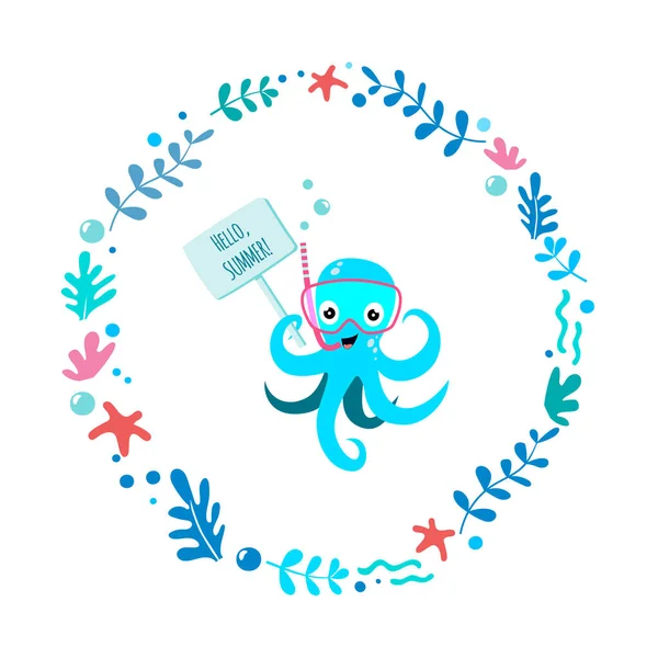 Illustration vector of cute and funny octopus diver with snorkeling mask and snorkel in circle of aglae on the white background. For kids and babies t-shirt prints, posters and other uses. Vector — Stock Vector