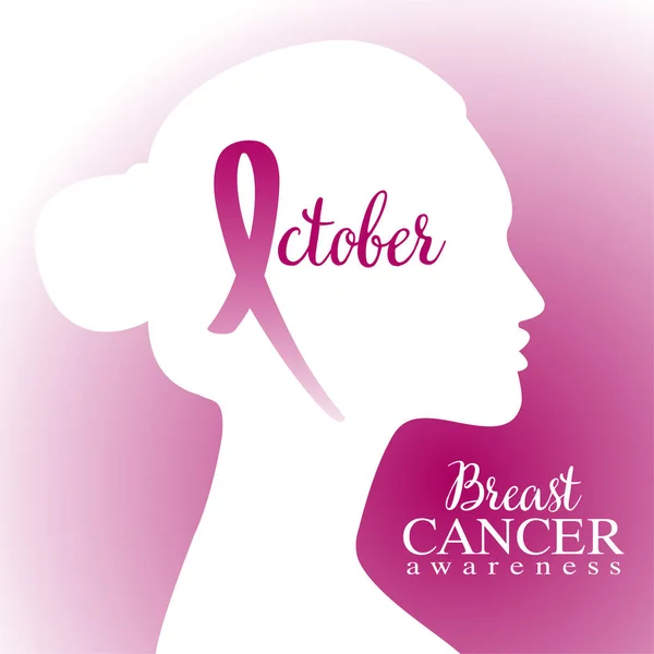 벡터 유방암 인식 서예 포스터 디자인 스트로크 핑크 리본입니다. 10월은 암 인식의 달입니다. 지원 및 건강 관리를 위한 웹 배너 그림입니다. 분홍색과 흰색 배경. — 스톡 벡터