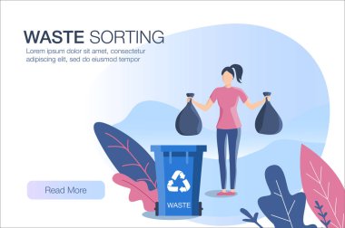 Atık sıralama motivasyonel vektör illüstrasyon kadın atık sıralama ile. Çevre için çöp sıralama kavramı. Sıfır atık yaşam tarzı. Infografik poster veya motivasyon kartı için iyi