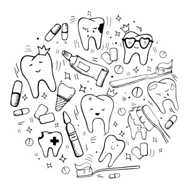 El çizilmiş diş ve Ortodontik vektör seti: diş braketler, implant, sağlıklı diş, sulama, diş fırçaları, hamur, ağız yıkama, interdental ve Ortodontik fırçalar, interspace, diş ipi.