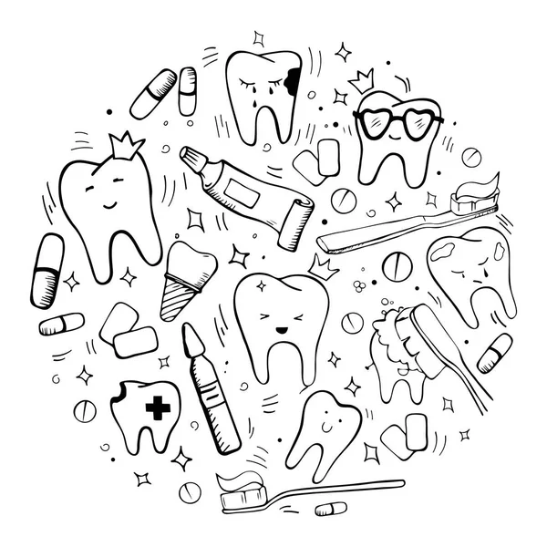 Hand drawn dental and orthodontic vector set: tooth with braces, implant, healthy tooth, irrigator, tooth brushes, paste, mouth wash, interdental and orthodontic brushes, interspace, dental floss. — Stock Vector