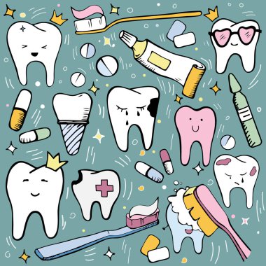 Diş Hekimliği vector Doodle renkli çocuk diş bakımı için ayarlayın. Sevimli diş karakterleri farklı duygular ile ayarlayın. Yeşil arka planda pembe, mavi, sarı renkler. Diş fırçası, diş macunu, diş. Vektör