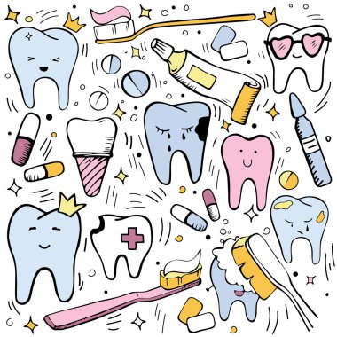 Diş Hekimliği vector Doodle çocuk diş bakımı için ayarlayın. Sevimli diş karakterleri farklı duygular ile ayarlayın. Beyaz arka planda pembe, mavi, sarı renkler. Diş fırçası, diş macunu, diş. Vektör