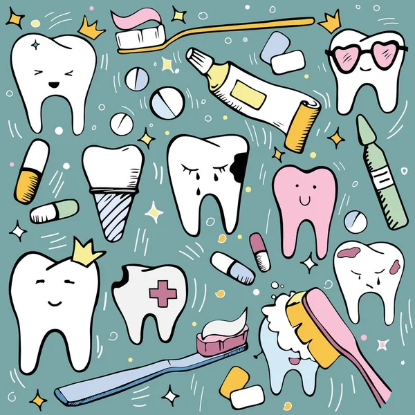 Diş Hekimliği vector Doodle renkli çocuk diş bakımı için ayarlayın. Sevimli diş karakterleri farklı duygular ile ayarlayın. Yeşil arka planda pembe, mavi, sarı renkler. Diş fırçası, diş macunu, diş. Vektör