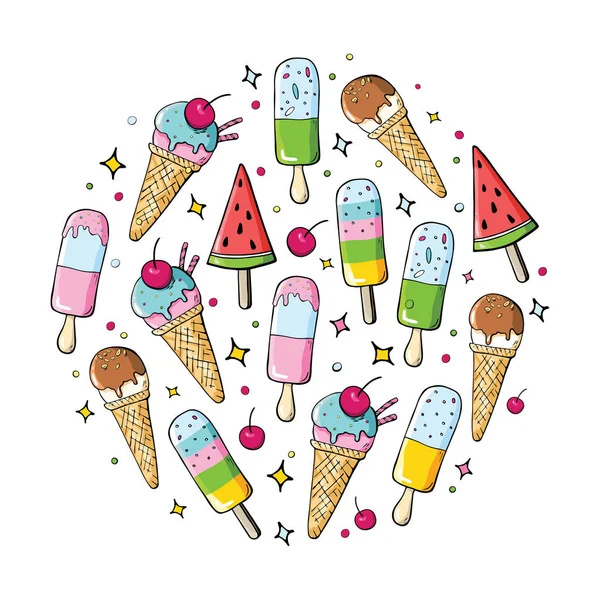 甘い食べ物の漫画の落書きオブジェクト、シンボルやアイテムのカラフルなベクトル手描きのセット。アイスクリームの異なる種類の落書きコレクション。ラウンドコンポジション — ストックベクタ