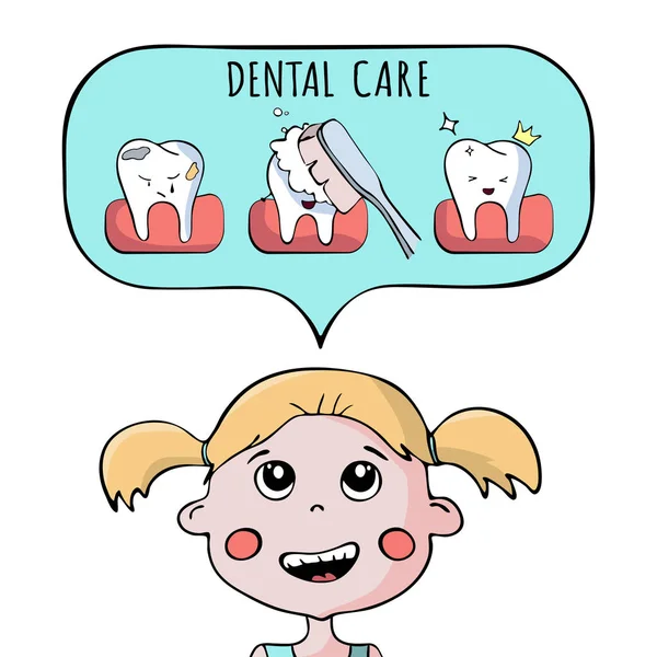 Pige tænker på tandpleje. Børn Tandpleje mundhygiejne. Beskidte og rene tænder. Tandsmil. Karies på tænderne. Tandpleje koncept med tandpleje, Tandlæge infografik, vektor tegneserie – Stock-vektor