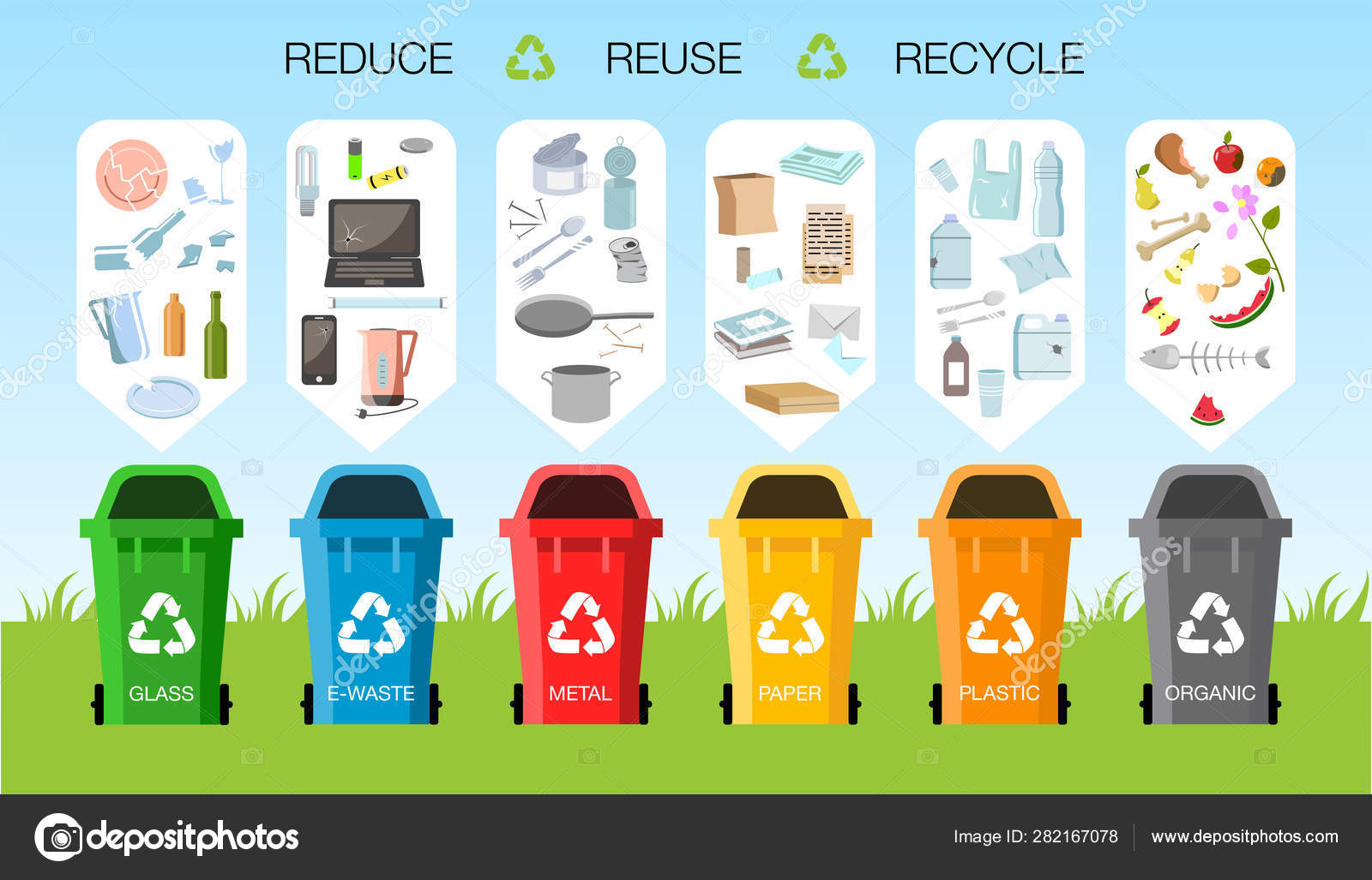 Conjunto de cubos de basura para reciclar diferentes tipos de residuos.  clasificación y reciclaje de residuos. ilustración vectorial