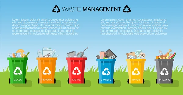Atık yönetimi kavramı. Çöp Çeşitleri: Organik, Plastik, Metal, Kağıt, Cam, E-atık. Geri dönüşüm için teneke kutuları üzerinde çöp ayırma. Mavi gökyüzü ve yeşil çim arka plan renkli atık kutuları