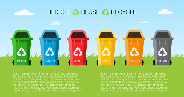 Conceito de gestão de resíduos com lugar para texto. Tipos de lixo: orgânico, plástico, metal, papel, vidro, lixo eletrônico. Separação de lixo em latas para reciclagem. Bins no céu azul e fundo de grama verde — Vetor de Stock