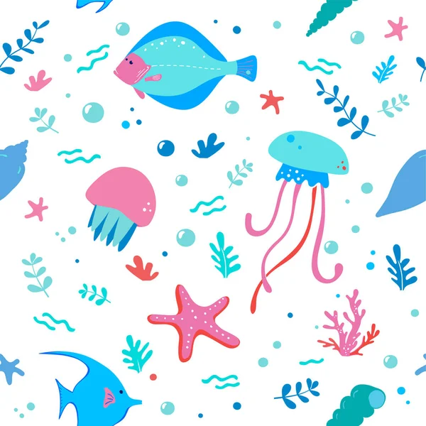Marine life, underwater world seamless pattern for wrapping, textile, print on white background. Sea fish, seashell, algae and sea animals: jellyfish, shells, flounder, starfish