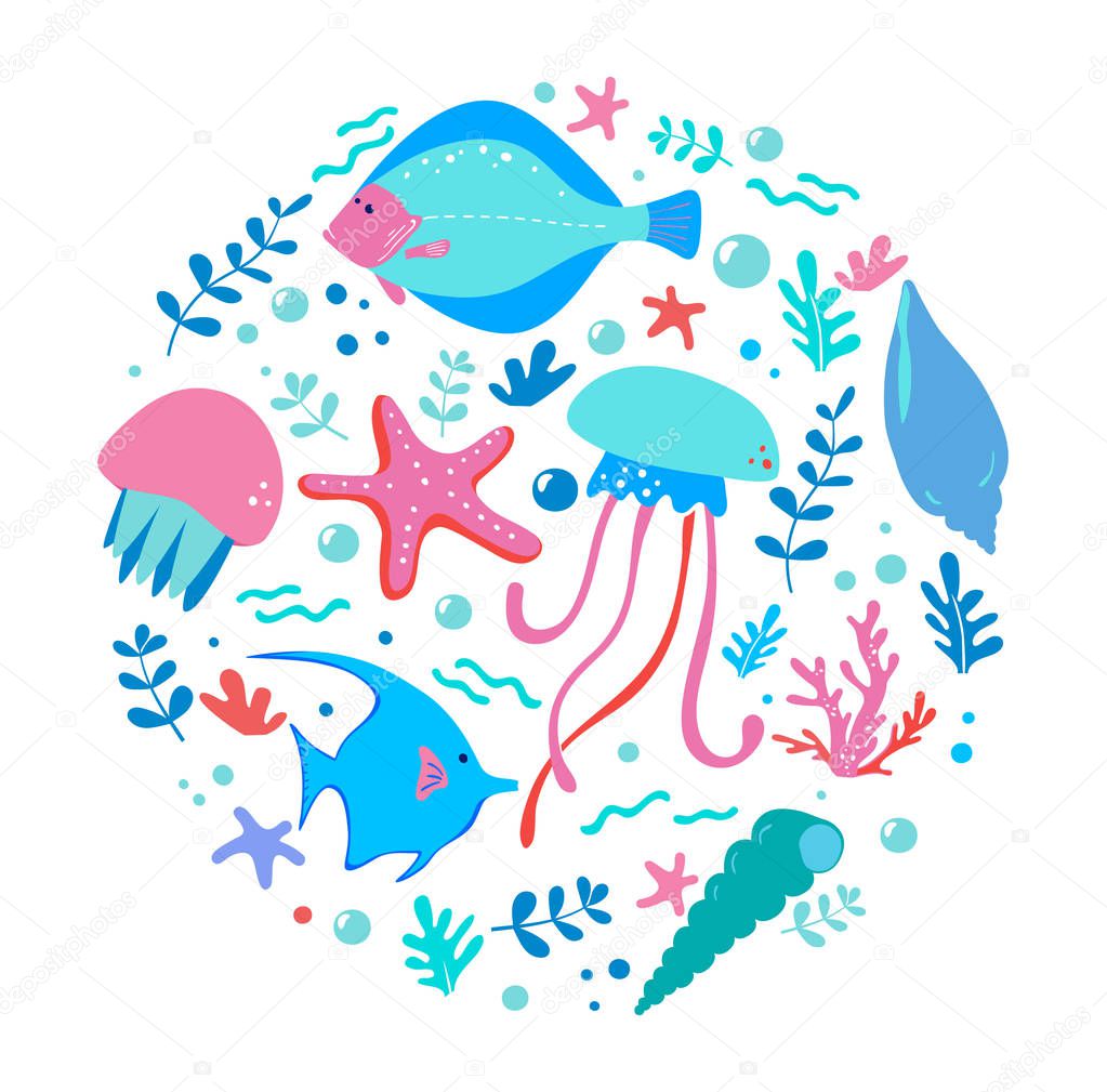 Circle set of cartoon sealife animals over white background. Whale, dolphin, turtle, fish, starfish, crab, shell, jellyfish, octopus, algae. Underwater sea life. Colourful cartoon illustration.