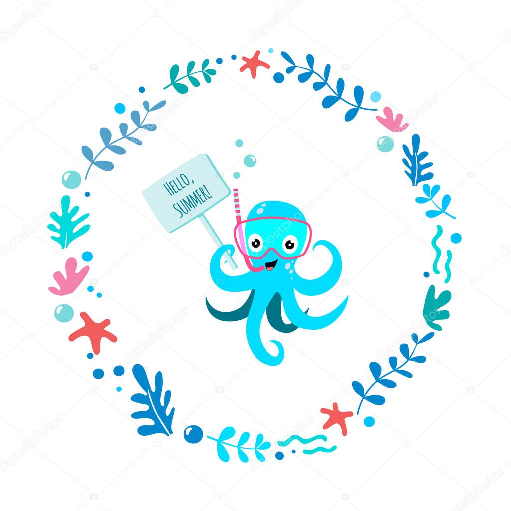 Illustration vector of cute and funny octopus diver with snorkeling mask and snorkel in circle of aglae on the white background. For kids and babies t-shirt prints, posters and other uses. Vector