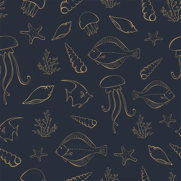 Seamless sea pattern with fish, starfishes, seashells, corals . Golden doodle drawing on dark blue background. Vintage style. Vector illustration in sketch style for print on textile, wallpapers. — Stock Vector