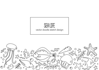 Sosyal medya Banner deniz yaşamı koleksiyonu ile şablon. Beyaz arka planda Doodle tarzında sevimli deniz karakterleri. Vektör renk illüstrasyon.