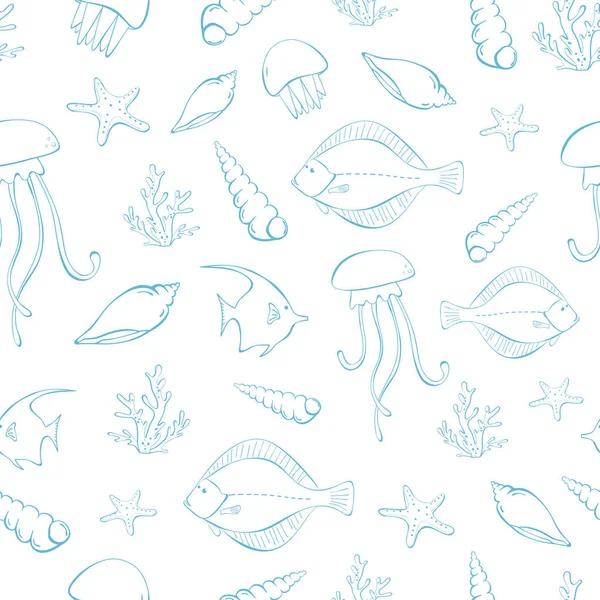 Seamless sea pattern with fish, starfishes, seashells, corals . Doodle drawing on white background. Vintage style. Vector illustration in sketch style for print on textile, wallpapers. — Stock Vector