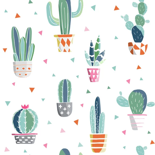 Modello senza cuciture con cactus ed elementi succulenti. Illustrazione botanica vettoriale vintage in stile acquerello. Cactus verdi carini spinosi in vasi da fiori carini. Cactus disegnato a mano per il design. Vettore — Vettoriale Stock