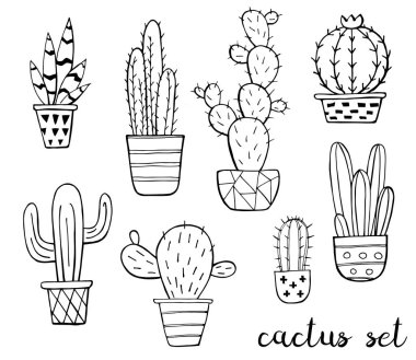 Beyaz arka plan üzerinde izole sevimli siyah ve beyaz skeç kaktüs Vektör seti. Kaktüs ailesi. El çizilmiş mürekkep illüstrasyon, çizgi çizim, ev dekorasyonu. Vektör illüstrasyon. Siyah anahatlar