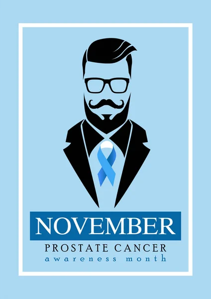 Kasım prostat kanseri farkındalık ayıdır. Değiştirilebilir fotoğraf ile erkek sağlığı sorunları tasarım farkındalık. Bıyık ve mavi kurdeleile vektör illüstrasyon