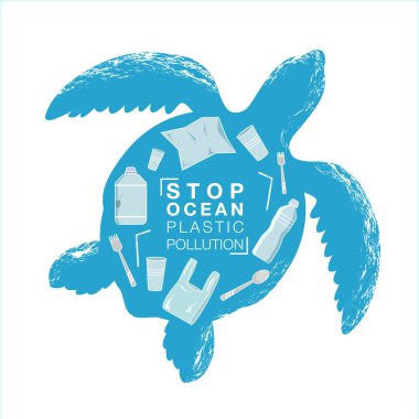 Okyanus plastik kirliliğini durdurun. Ekolojik afiş. poster, el ilanı. Plastik atık torbası ile kaplumbağa silueti, beyaz arka plan üzerinde şişe. Deniz vahşi yaşam tasarımı. Plastik kirli okyanus sorun kavramı.