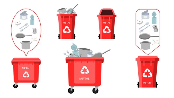 Sada červených recyklačních přihrádek, kontejnerů a věkových vektorů pro kovový koš. Nakládání s odpady. Otevřeno a uzavřeno. Jiná velikost a druh. Pohled zepředu. Znak šipky. Izolovaný obrázek — Stockový vektor