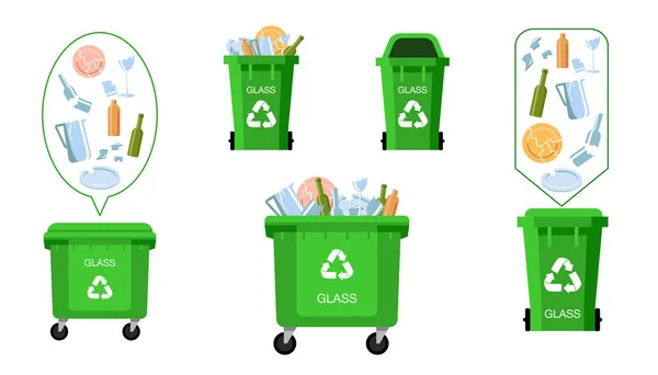 Cam Çöp için yeşil Geri Dönüşüm Kutuları, Konteynerler ve Kovalar Vektör seti. Atık yönetimi. Açıldı ve kapandı. Farklı boyut ve türlerde. Ön Görünüm. İşaret Oku. İzole İllüstrasyon