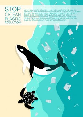 Kirli suda deniz çöpü. Ölü Kaplumbağa ve Balina su yüzeyinin altında çöp ve plastik ile Kirli okyanus sahilde yatıyor. Ekoloji sorunları. Broşür, metin için yer ile el ilanı şablonu. Vektör