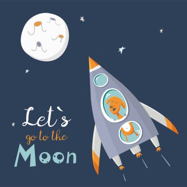 Sevimli köpek bir roket karikatür handdrawn vektör illüstrasyon uçan. Yazı T-shirt baskı için Ay'a gidelim, çocuklar moda tasarımı, poster, davetiye kartı, nevresim giymek. Astronot ile roket