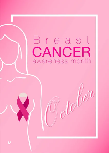 스트로크 핑크 리본 벡터 유방암 인식 서예 포스터 디자인에 여성 실루엣. 10월은 암 인식의 달입니다. 지원 및 건강 관리를 위한 broshure용 템플릿 — 스톡 벡터