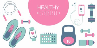 Ekipman ile Fitness kavramı egzersiz. Fitness, spor, diyet ve beyaz arka plan üzerinde kopya alanı ve eğitim ekipmanları ile sağlıklı yaşam tarzı afiş. Vektör illüstrasyon modern şablon düz tasarım